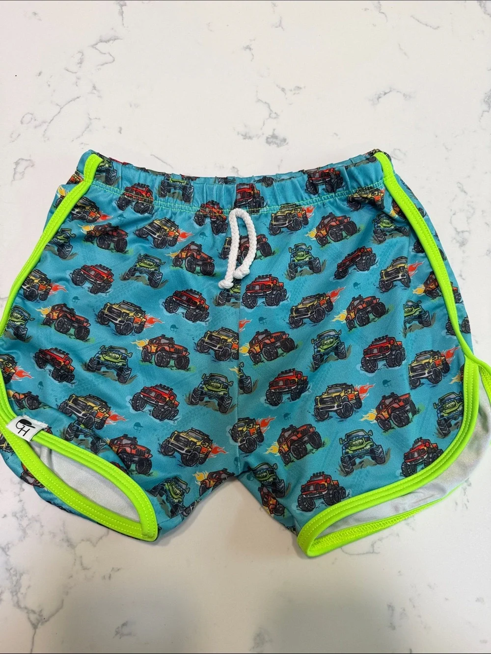 Kids Blue Monster Truck Swim Shorts with Neon Trim George Hats size 5-6